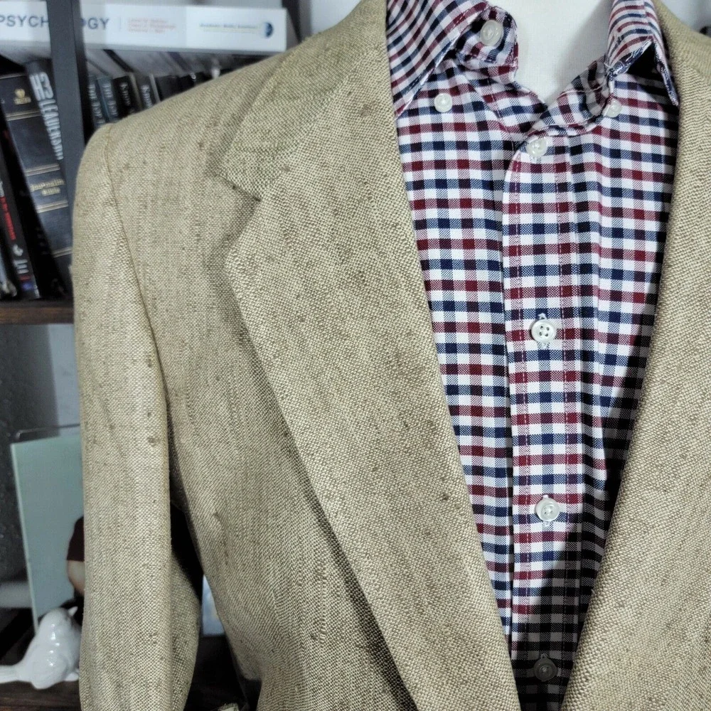 VTG Town Craft Men's Sport Coat Blazer Two Button Dark‎ Beige Silk Size 44L
